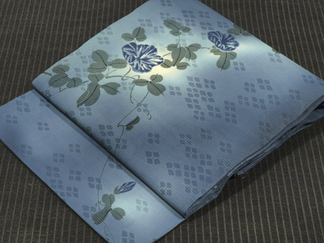 紫陽花に朝顔文様 型染め 絽 名古屋帯