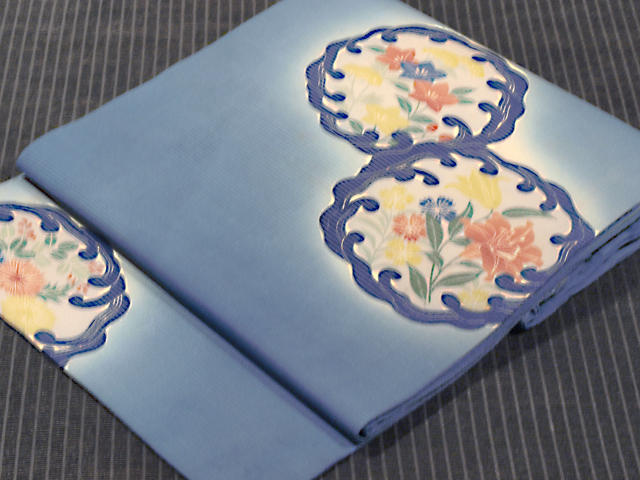 波丸に秋草文様 型染め 絽 名古屋帯