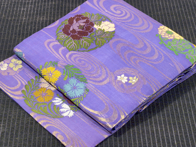 観世水に花丸文様 唐織り 紗 名古屋帯