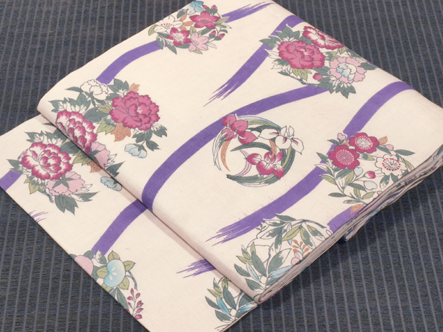 立涌に花丸文様 型染め 麻 名古屋帯