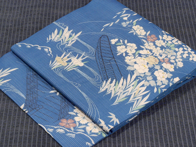 水辺に草花文様 型染め 絽 名古屋帯