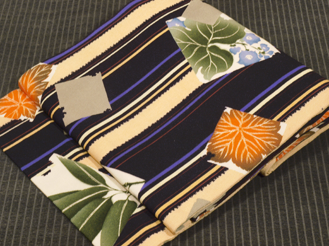 縞に色紙に草花文様 型染め 名古屋帯