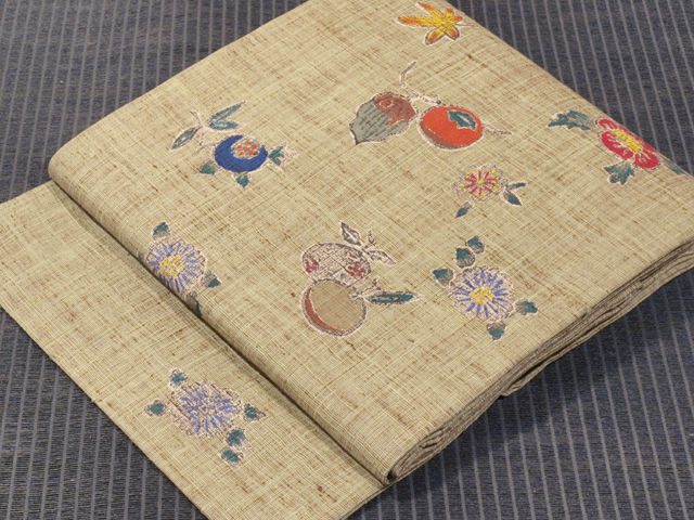 実り物に花文様 型染め 真綿紬 名古屋帯