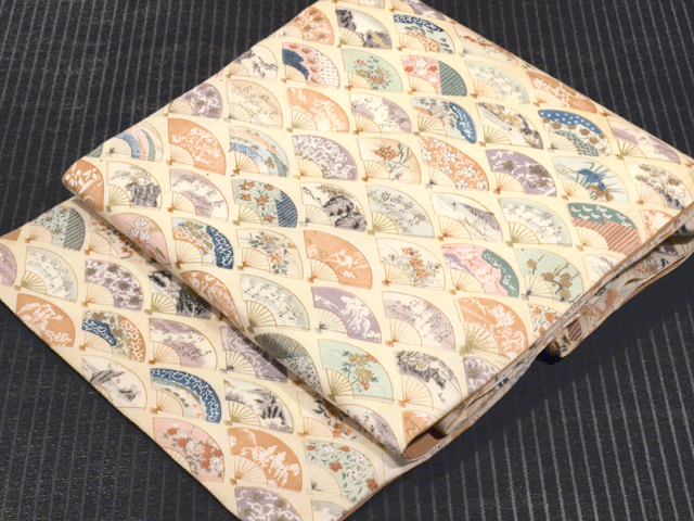 扇に四季の風物文様 型染め 名古屋帯　