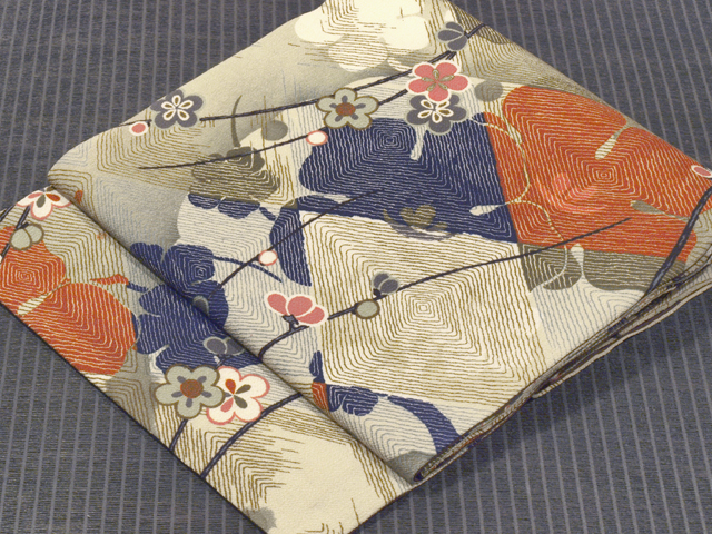 枡に光琳梅と枝梅文様 型染め 名古屋帯　