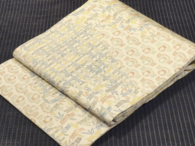竹に福良雀文様 型染め 名古屋帯