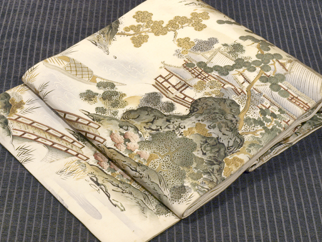 楼閣山水文様 型染め 名古屋帯