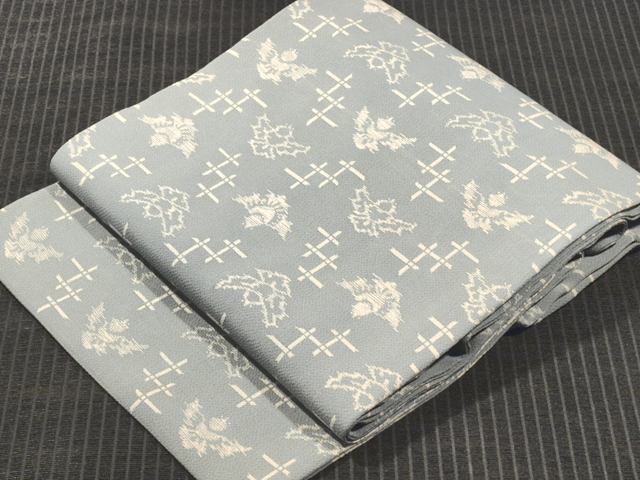 竹垣に福良雀文様 型染め 名古屋帯
