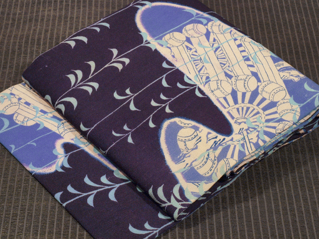 柳に水車文様 型染め 名古屋帯