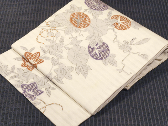 朝顔に桔梗文様 型染めに手刺繍 絽 名古屋帯