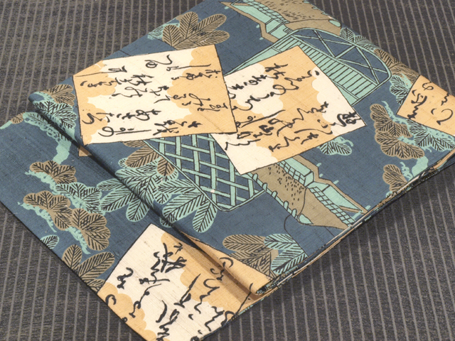 色紙に松と家屋文様 型染め 紬 名古屋帯
