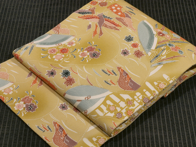 流水に草花と鳥文様 型染め 名古屋帯