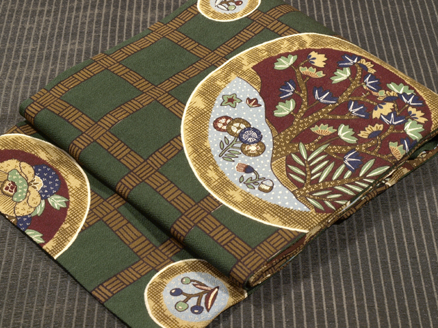 網代格子に丸に唐花文様 型染め 名古屋帯