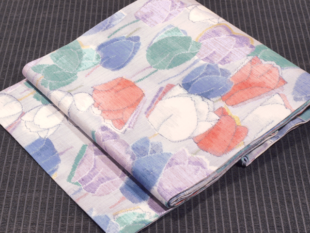 チューリップ文様 絣織り 紬 名古屋帯