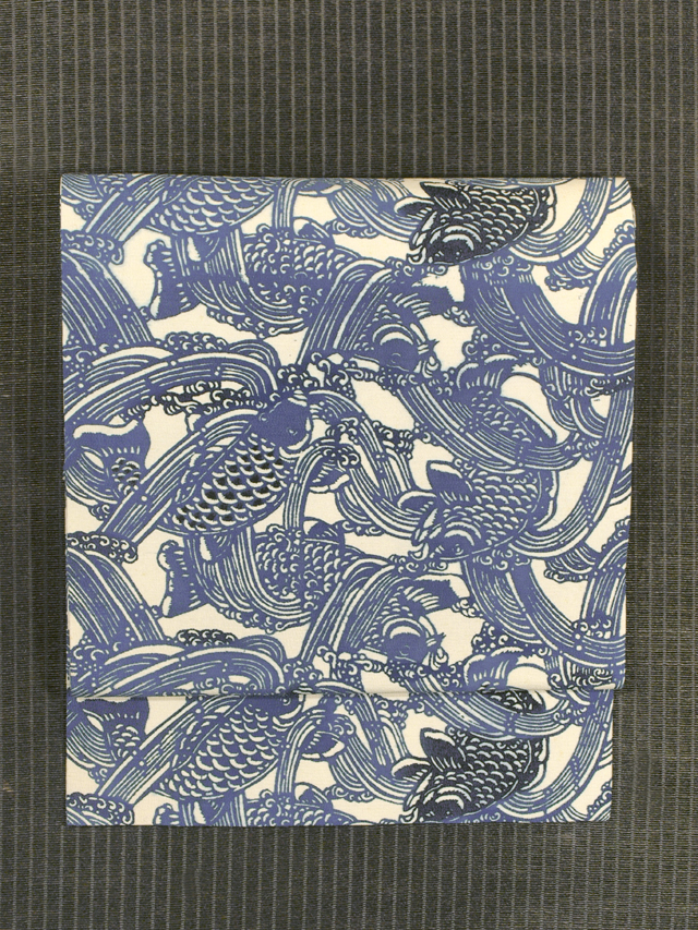 鯉の滝登り文様 型絵染め 名古屋帯