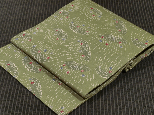 簑枝垂れ柳に花文様 型染め 真綿紬 名古屋帯
