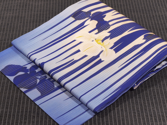 杜若文様 型染め 竪絽 名古屋帯　