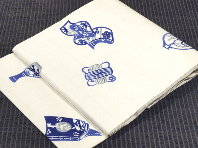 器物文様 型絵染め 紗紬 名古屋帯