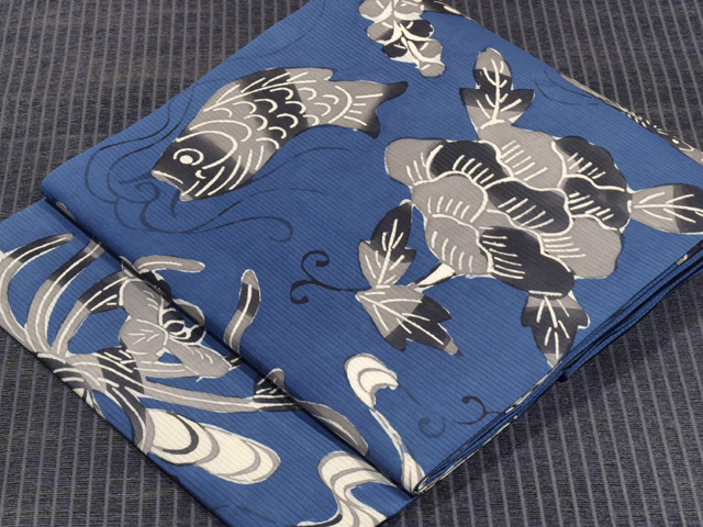 草花に鯉文様 型絵染め 絽 名古屋帯