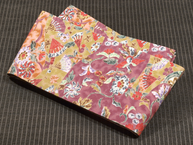 切りばめに吉祥文と花鳥文様 型染め 半巾帯