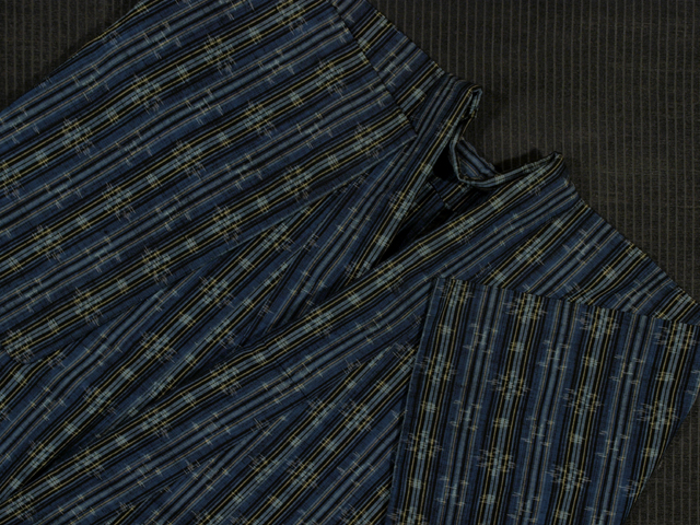 縞に幾何学花文様 紬 単衣