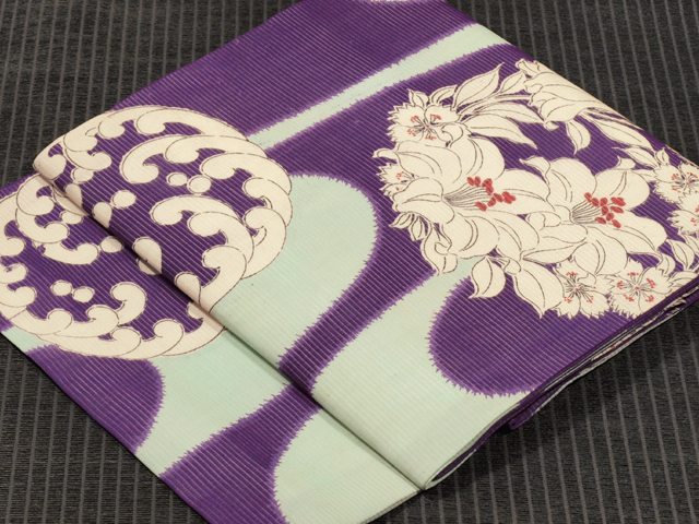 壺垂れに花丸と波丸文様 型染め 絽 名古屋帯