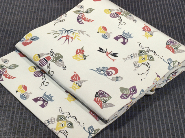 【名古屋帯】縮緬 型染め 野菜 魚模様 蕪　南瓜　茄子　蓮根　カジュアル 名古屋帯】縮緬 型染め 野菜 魚模様 蕪 南瓜 茄子 蓮根 カジュアル