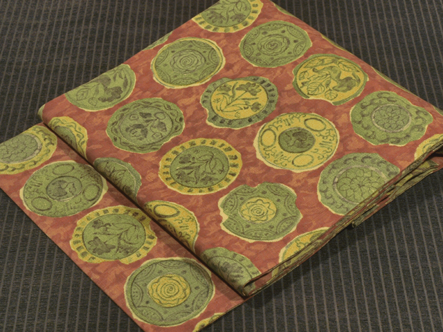 陶片文様 型染め 真綿紬 名古屋帯