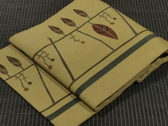 縞に枝葉文様 手描き染め 名古屋帯