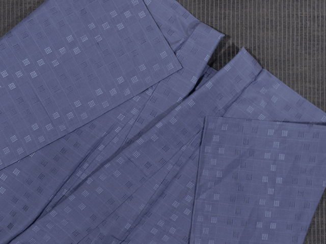 紺桔梗（こんききょう）色地 格子に幾何学文様 花織紬 単衣